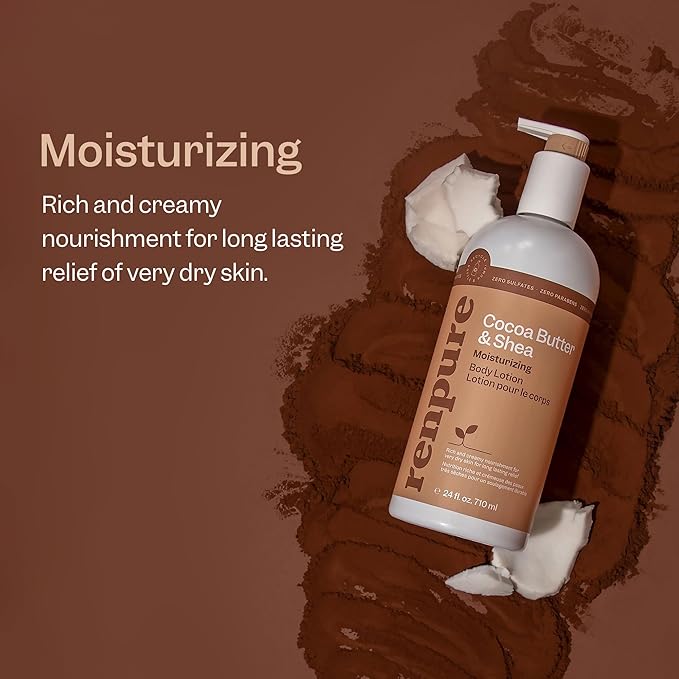 Renpure Cocoa Butter & Shea Butter Ultra-Hydrating Body Lotion - Rich & Creamy Formula for Long Lasting Hydration- For Dry to Very Dry Skin - Cocoa Butter and Shea Butter - 24 Fl Oz