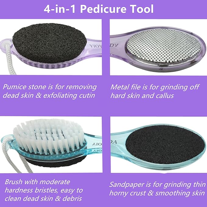 Foot File Callus Remover 4-in-1, Feet Scraper Pedicure Tools with Pumice Stone, Scrubber Brush, Foot Rasp and Sand Paper, Double Sided Multi Purpose, Clear Blue and Purple