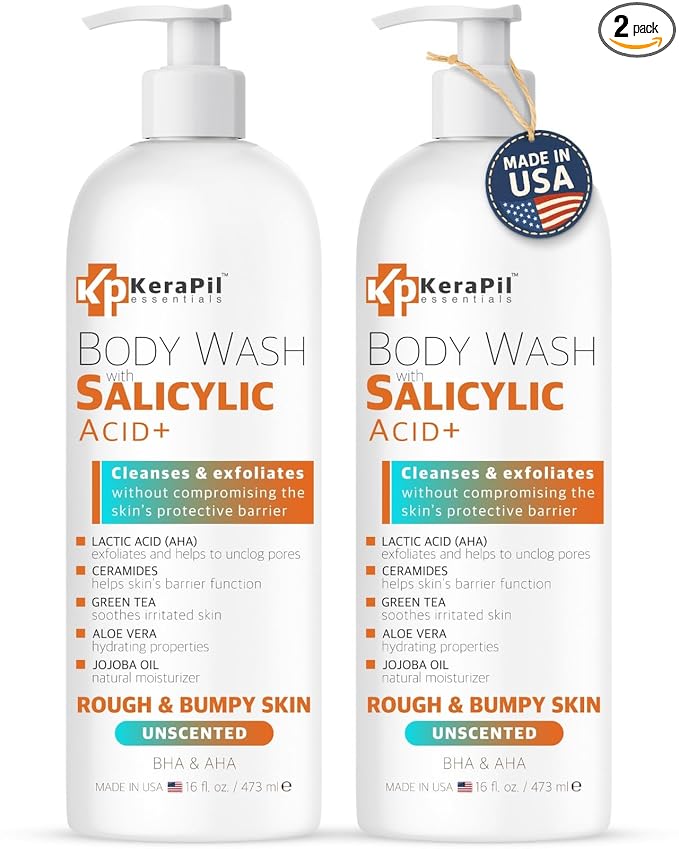 KERAPIL Salicylic Acid Body Wash - Skin Non-drying, Gentle Exfoliates Rough and Bumpy Skin, Body Acne Wash, BHA & AHA - Unscented Exfoliating Body Wash, Made in USA - (16 fl oz x 2)