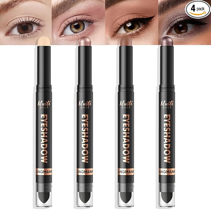 LANGMANNI 4Colors Dual-Ended Cream Eyeshadow Stick Set – Silky Smooth, Waterproof & Transfer-Proof, Built-in Blender Brush, All-Day Matte & Shimmer Wear Eye Makeup(#1+2+3+4)