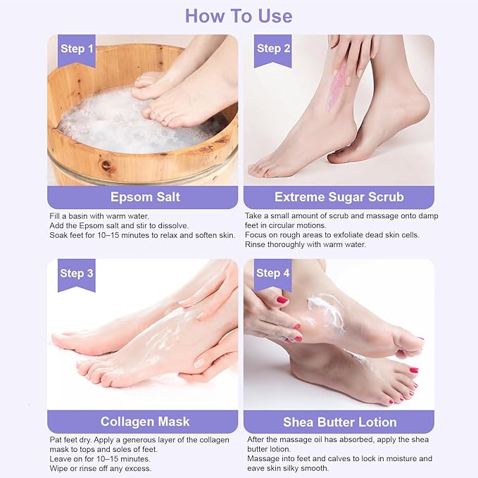 Deluxe Pedicure Kit 5 Step Spa Set – Epsom Salt Soak, Callus Remover Gel, Sugar Scrub, Collagen Mask & Shea Butter Lotion – Professional At Home Foot Care (Lavender, 50 Sets)