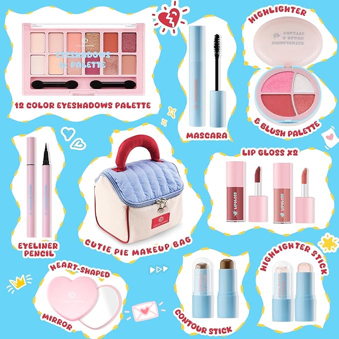 Color Nymph All In One Makeup Kit For Teens Girls Beginner with Cute Makeup Bag, Makeup Set for Teen Girls Includes Eyeshadow, Face Blush Contour Highlighter Lipgloss Mascara Mirror, Travel MakeUp Kit