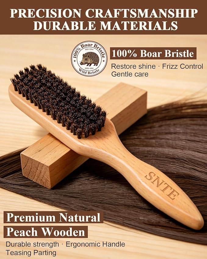Peach Wood Boar Bristle Slick Back Hair Brush & Rat Tail Comb Set - Controls Frizz, Smooths Flyaways, Restores Shine - Creates Sleek Ponytails, Buns & Edge Control, Teasing for Women & Kids