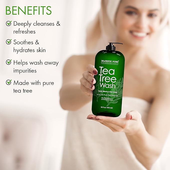 Majestic Pure Tea Tree Body Wash - Formulated to Combat Dry, Flaky Skin - Soothes, Nourishes and Moisturizes Irritated, Chapped, Problem Skin Areas - (Packaging may Vary) -16 fl. oz.