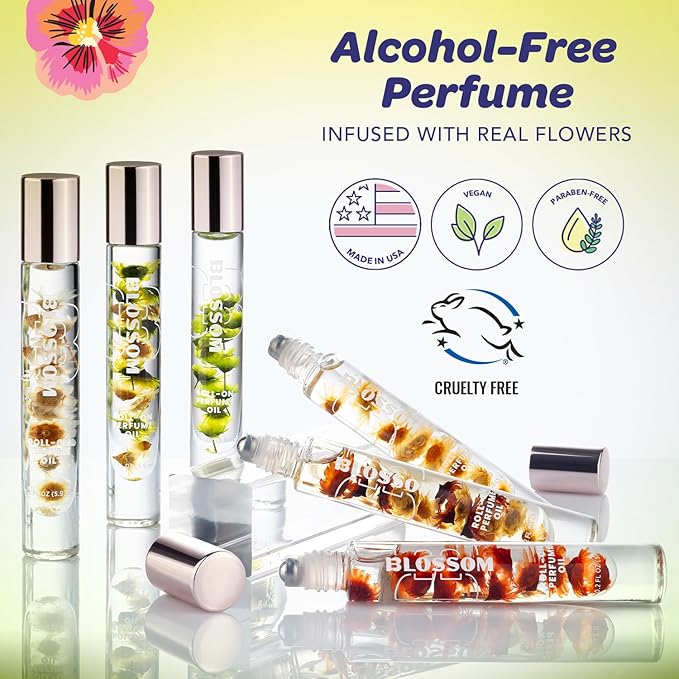 Blossom Roll on Perfume for Women Alcohol Free Gourmand Rollerball Perfume Oil with Essential Oils, Infused with Real Flowers, Made in USA, 0.20oz, (Matcha, Green Tea, Honey) Matcha Tea