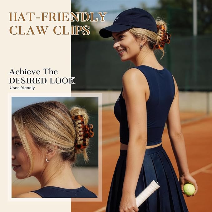 6 Pcs Hat Claw Clip for Women, Hat-Friendly Claw Clips for Baseball Cap & Trucker Hat - 4.1 Inch Large Hat Claw Clip for Medium/Thick Hair, Non-Slip Baseball Hair Clips for Hats Hairstyle, Tortoise