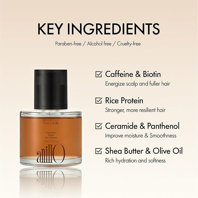 anillO Dark Beer Biome Hair Essence - Strengthening & Nourishing Damage Repair Hair Oil Serum with Biotin, Olive Oil, Beer Yeast &10-type Protein Complex - Vegan, Paraben & Silicone Free 1.69 fl oz