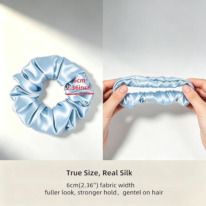 ZLYC 100% Mulberry Silk Hair Tie Scrunchie 19 Momme Gentle Creaseless Dent-Free Ponytail Holder for Women, 6cm Solid Dusty Blue
