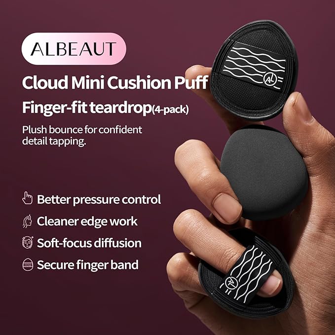 ALBEAUT Cloud Mini Cushion Puff, 4-Pack Finger-Fit Teardrop Detail Applicators for Concealer, Cream Blush & Highlighter, Plush Bouncy Control for Smooth, Clean Tapping