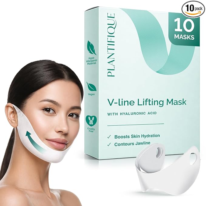 PLANTIFIQUE V-Line Chin Lifting Mask, 10 Pcs - Hydrogel-Lined Strap with Hyaluronic Acid & Aloe Vera for Double Chin, Jawline Shaping, and Neck Tightening