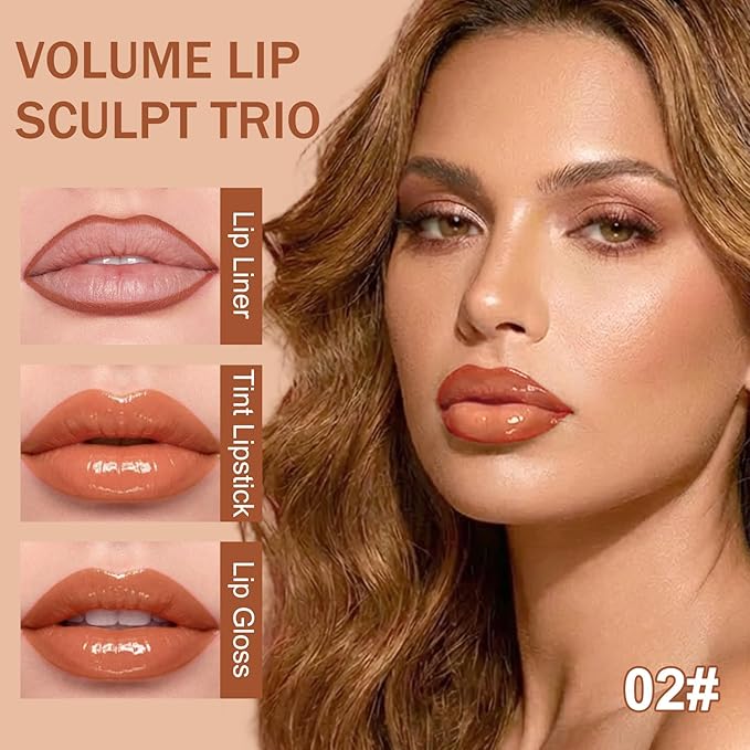 3PCS Lip Combo Set — Matte Lip Liner Pencil, Hydrating Tint Lipstick & Shine Gloss, Non-Sticky Long-Lasting Plumping Lip Makeup Kit for Women, Volume Sculpt Trio, 02