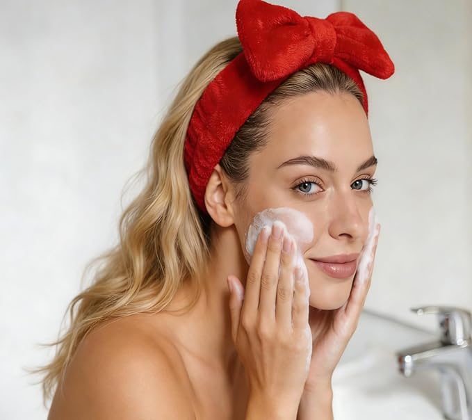 Casoty 10 Pcs Red Makeup Headbands, Hair Band for Washing Face, Soft Coral Fleece Makeup Headband for Women Girls, Bow Hair Bands, Towel Headbands for Face Washing Shower Skin Care Yoga