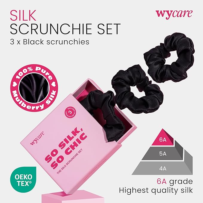 Wycare 100% Silk Scrunchies - Gentle on Hair Mulberry Silk Scrunchies for Women - Luxurious Sleep Ties for Women's Curly Hair (Set of 3 Black)