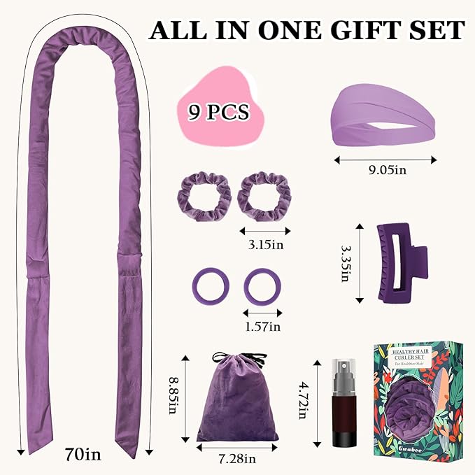 Gwabee No Heat Overnight Curl Headband, 70" Soft Ribbon Wrap with 9 PCS Curling Rods and Yoga Strap - Purple