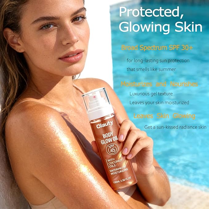 Body Glow Sunscreen Oil SPF 45, Shimmer Body Oil with Coconut Oils, Moisturizing Wateproof Glowing Oil for Body & Face, Lightweight, Glowy Finish,with Rose Gold Mica (Bronze Amber)
