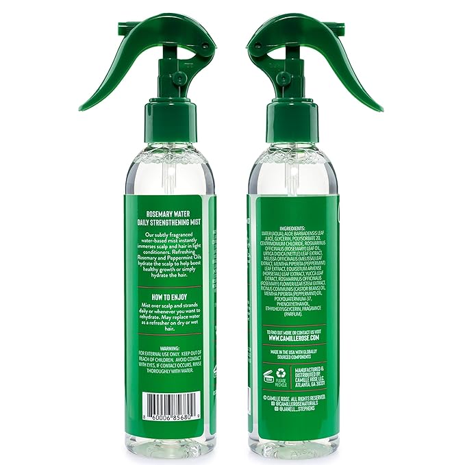 Camille Rose Rosemary Water, Daily Hair Strengthening Mist 2-Pack – Hydrating Refresher Spray with Rosemary Oil, Peppermint & Aloe Vera, 8 Oz Ea