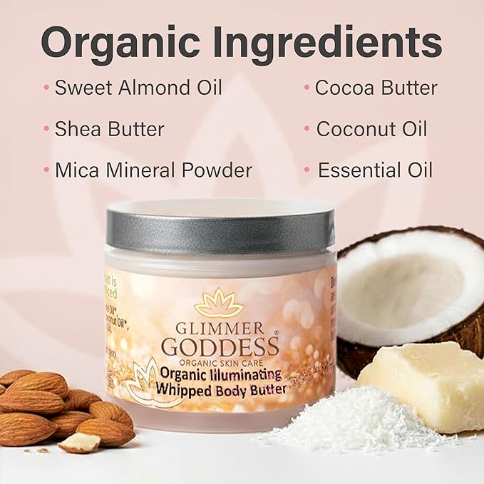 Glimmer Goddess Shimmer Body Butter with Organic Whipped Shea Butter for Hydration, Moisturizing & Silky Natural Glow - Rose Gold Sexy, 4 oz