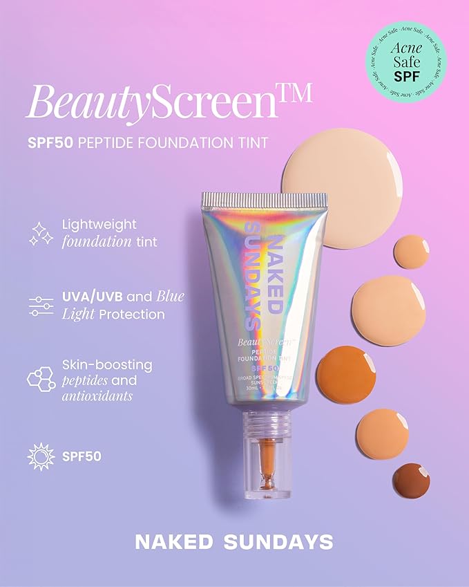 Naked Sundays BeautyScreen Peptide Foundation Tint - SPF 50 Tinted Sunscreen & Skincare Makeup with Zinc Oxide, Niacinamide - Lightweight Natural Coverage, 10 Deep Neutral, 1.01 oz