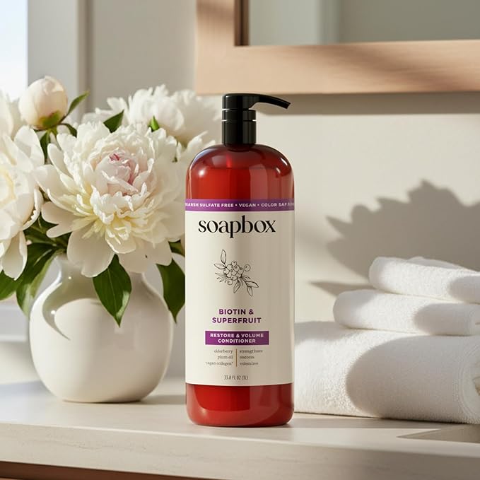 Soapbox Biotin & Super Fruit Conditioner, Leaves Hair Volumized & Strong - Clean Ingredients Free of Harsh Chemicals, Sulfates, Parabens & Silicones - Volumizing Conditioner for Hair, 33.8oz Liter