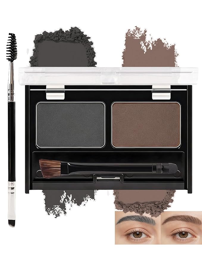 Eyebrow Powder Makeup Kit - Black + Dark Brown, 2 Color Eye Brow Powder Palette Waterproof Long-Lasting Brow Filler, Lightweight, Easy Blend, Natural Full Look with Brush, maquillaje para cejas-04