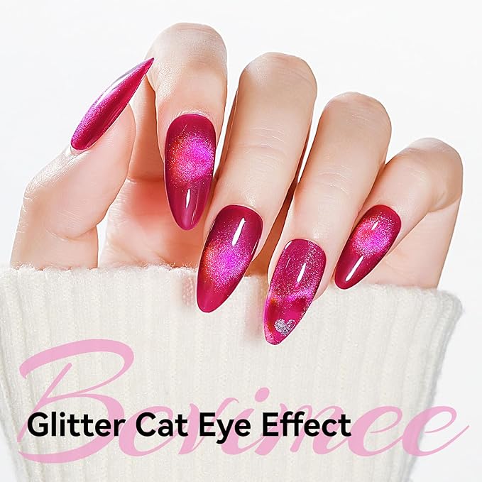 Hot Pink Cat Eye Gel Nail Polish, Magentic Nail Polish With Magnet Red Pink Double Magic Effect, Jelly Color Glitter Shimmer UV Gel for Gift Salon DIY at Home