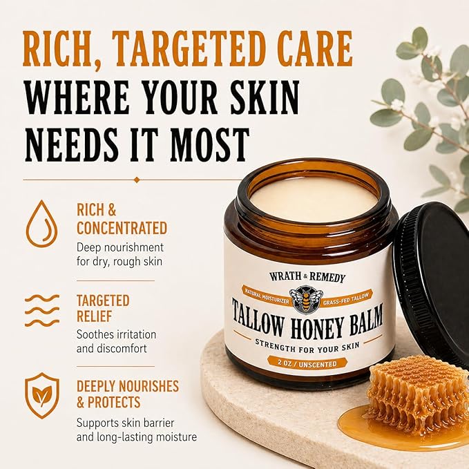 Organic Beef Tallow for Skin - 2OZ (Unscented, Concentrated) — US-Made Grass Fed Tallow and Honey Balm Moisturizer for Face, Hands & Body — Intensive Care for Dry Sensitive Skin, Eczema (No Additives)