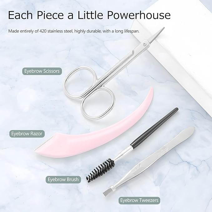 Eyebrow Trimmer Kit, 5-in-1 Set with Eyebrow Scissors, Eyebrow Razor, Tweezer, Brush, and Mirror for Women, Includes Leather Carry-Around Bag (Pink).