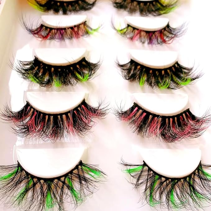 Sunniess 5 Pairs 25mm Lashes,10D Colored False Eyelashes, Makeup Fluffy Wispy Volume Dramatic Faux Mink Eyelashes for Halloween Christmas Cosplay Party Stage