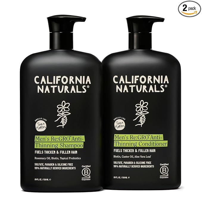 California Naturals Mens Re:Gro Shampoo and Conditioner Set, Anti-Thinning & Hair Growth Support, All Hair Types, Vegan, Natural, Cruelty, Silicone, Paraben & Sulfate Free for Men, 20 fl oz
