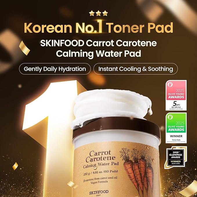 SKINFOOD Carrot Toner Pads, Instant Cooling & Redness Relief, After Sun Care for Heat-Stressed Skin, Quick Calming Hydrating Cotton Facial Pads, Korean Skincare (60CT)