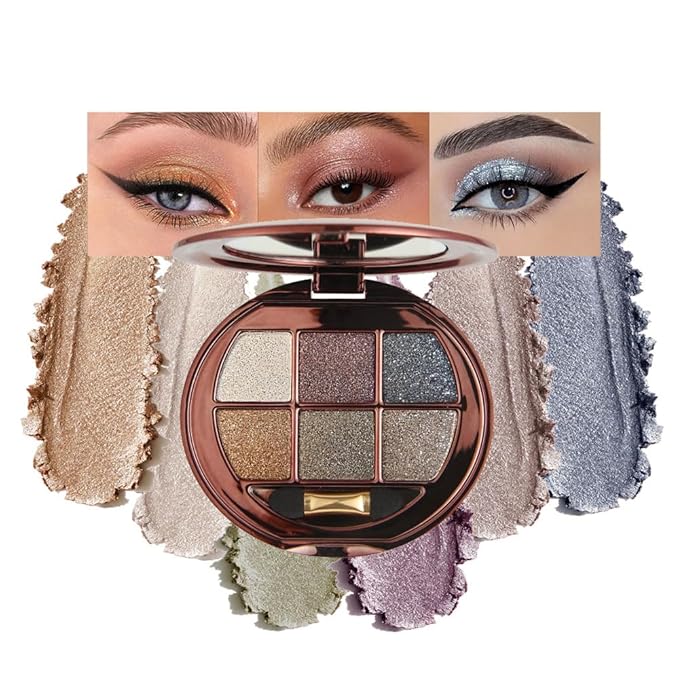 Neutral Brown Gold Shimmer Eyeshadow Palette, 6 Color High Pigment Blendable Glitter Eye Shadow Makeup for Older Women, Lightweight Travel Friendly, Suitable for All Eye Shapes, Daily Glam Look 01#