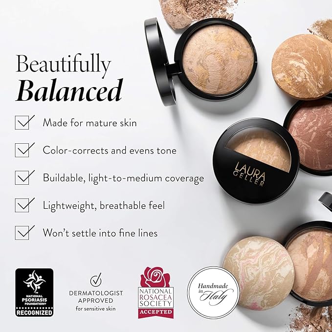 LAURA GELLER NEW YORK Award-Winning Baked Balance-n-Brighten Color Correcting Powder Foundation - Toffee - Buildable Light to Medium Coverage - Demi-Matte Natural Finish