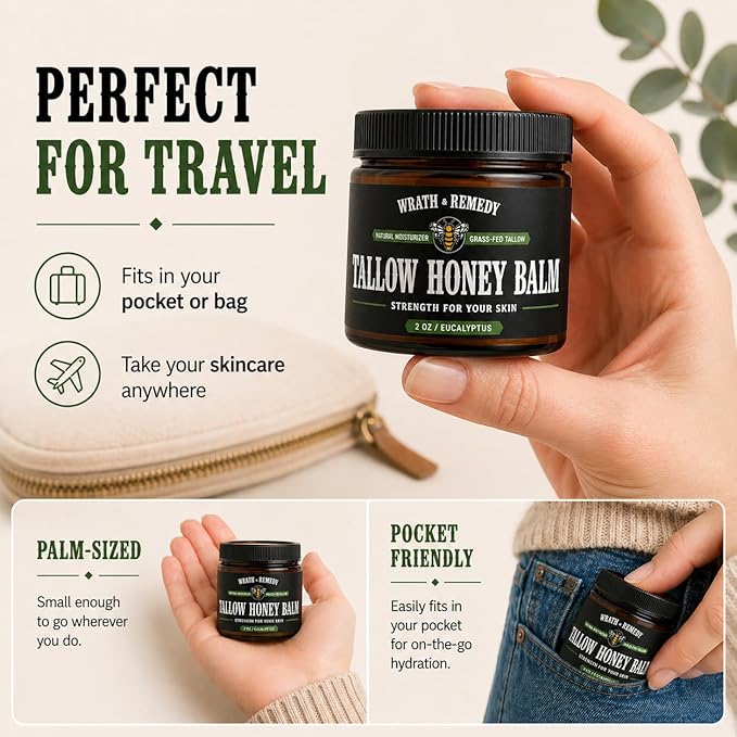 Organic Beef Tallow for Skin - 2OZ (Eucalyptus, Concentrated) — US-Made Grass Fed Tallow and Honey Balm Moisturizer for Face, Hands & Body — Intensive Care for Dry Sensitive Skin, Eczema(No Additives)