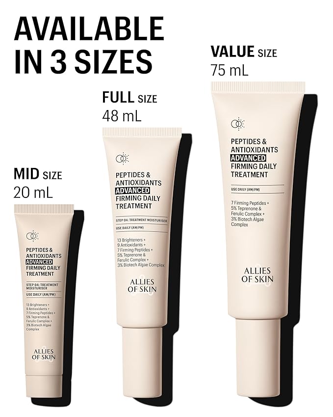 Allies of Skin Peptides & Antioxidants Advanced Firming Daily Treatment with 13 Brighteners, 9 Antioxidants, 7 Firming Peptides, 5% Teprenone & Ferulic Complex and 3% Biotech Algae Complex 75ml/2.5oz