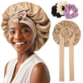 Satin Bonnet with 3PCS Hair Scrunchies for Women Tie Band Hair Bonnet Large 2 Layered Silk Sleeping Cap Nightcap for Sleeping (Coffee(Bonus 3 Hair Scrunchies))