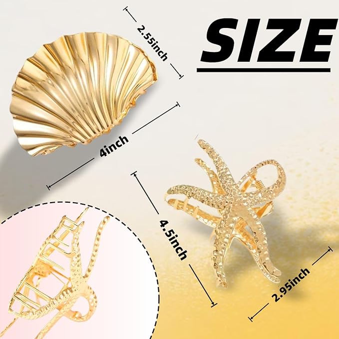 Beach Accessories for Women,2Pc Gold Seashell & Starfish Hair Clip Oversized Metal Claw Clips,Beach Hair Accessories,Summer Beach-Vibe Hair Accessories