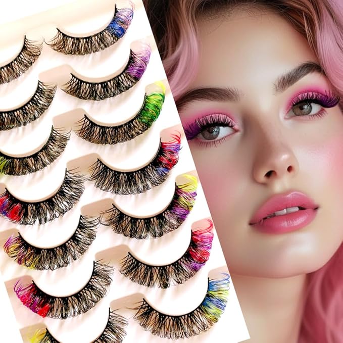 Sunniess Ombre Colored Lashes Silk Protein Fluffy Wispy Volume Fake Lashes for Halloweens Cosplay Party Stage Russian D Curl Lashes with Color Make up Faux Mink False Eyelashes