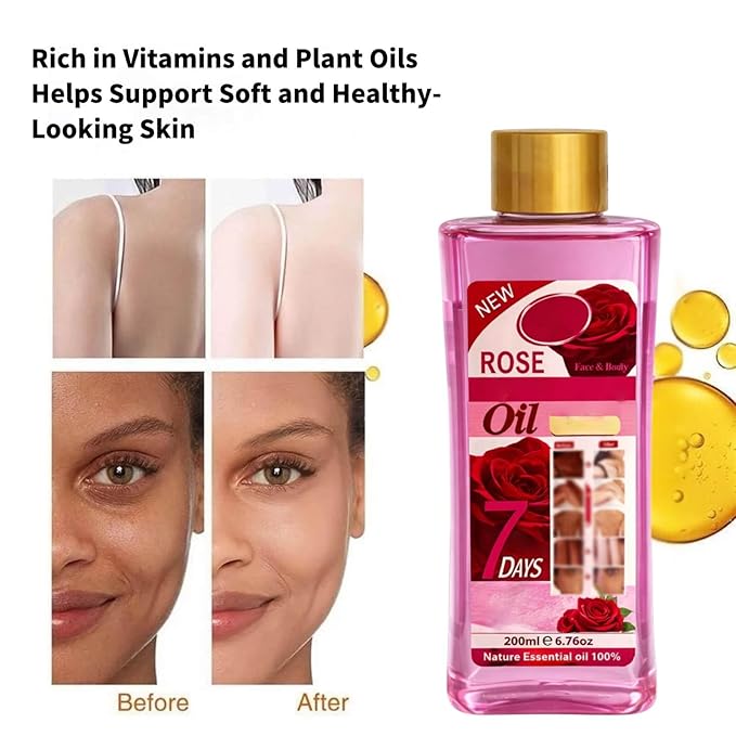 Rose Oil for Massage and Skin Moisturizing, Lightweight Hydrating Body Oil for Dry Skin, Spa Body Care Oil with Rose Extract, 200ml / 6.76 fl oz