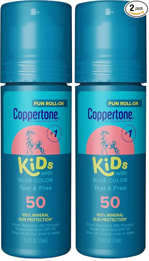 Coppertone Kids Roll On Sunscreen Lotion SPF 50,Tear Free Kids Sunscreen with Blue Color and Zinc Oxide Sun Protection,2.5 Fl Oz Tube,(Pack of 2)
