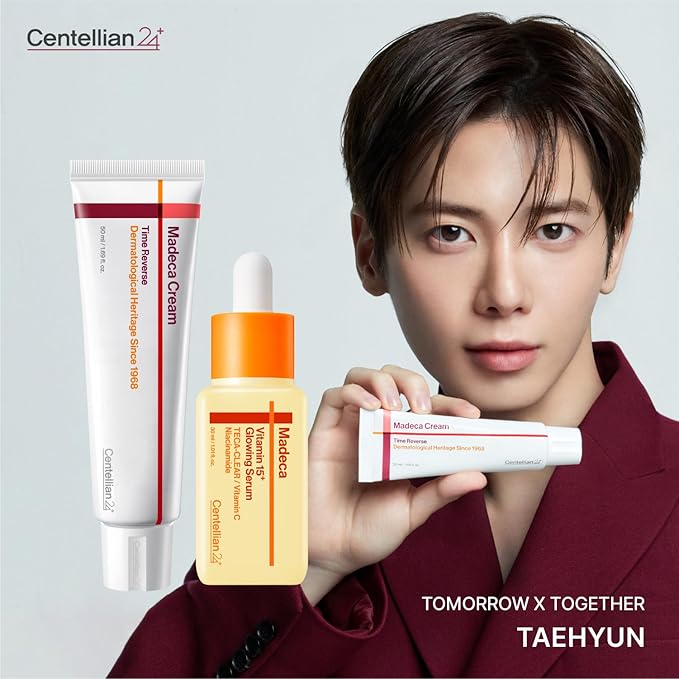 CENTELLIAN 24 Madeca Time Reverse Cream Taehyun Edition 1.69 fl oz + Vitamin 15+ Glowing Serum 1.01 fl oz – Korean Skincare for Firming, Elasticity Care, Deep Hydration & Skin Barrier Repair