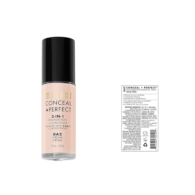 Milani Conceal + Perfect 2-in-1 Foundation + Concealer for a Flawless Complexion, Under Eye Corrector, Cover Redness and Imperfections, Waterproof and Sweatproof - 0A2-Cream