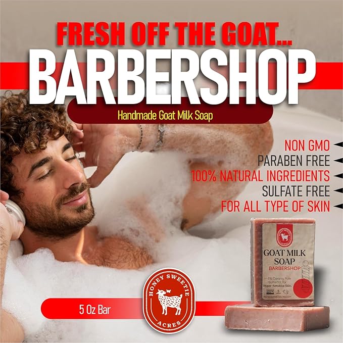 Honey Sweetie Acres Barbershop Goat Milk Soap - Handmade 5 oz Bar, Made with Natural Ingredients, Moisturizing & Gentle, Made in the USA