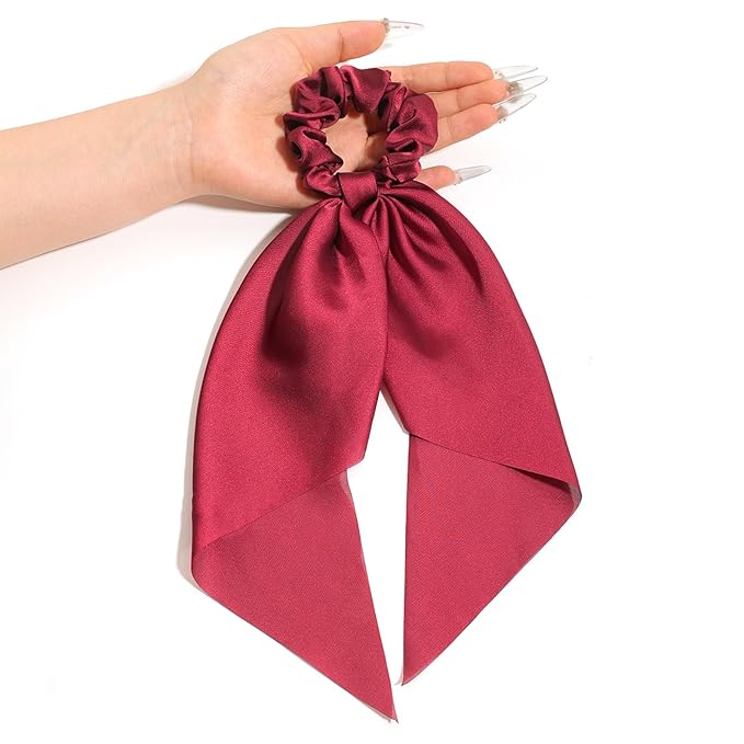 Pack of 2 Knotted Bow Hair Scrunchies Elastic Hair Scarf Hair Ties Bands Satin Hair Ribbon Scrunchy Red Ponytail Holder for Women and Girls, Hair Scarf Scrunchies, Hair Accessories (Burgundy)