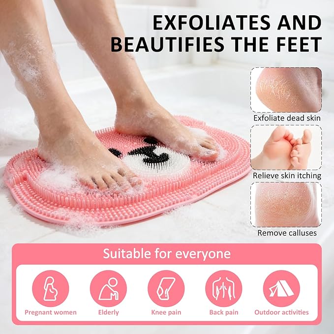 Foot Scrubber for Shower - Silicone Exfoliating Bath Mat with Non-Slip Suction Cups, Dead Skin & Callus Remover for Feet - Men & Women, 14.5" x 11" (Pink)
