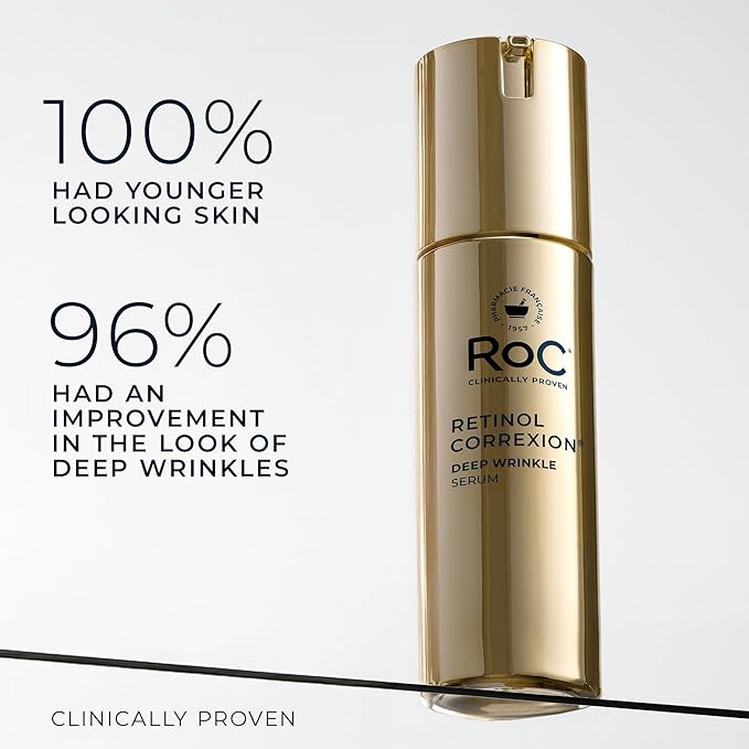 RoC Retinol Correxion Deep Wrinkle Retinol Face Serum with Ascorbic Acid, Anti-Aging Treatment for Fine Lines, Dark Spots, Post Acne Scars, 1 Oz (Packaging May Vary)