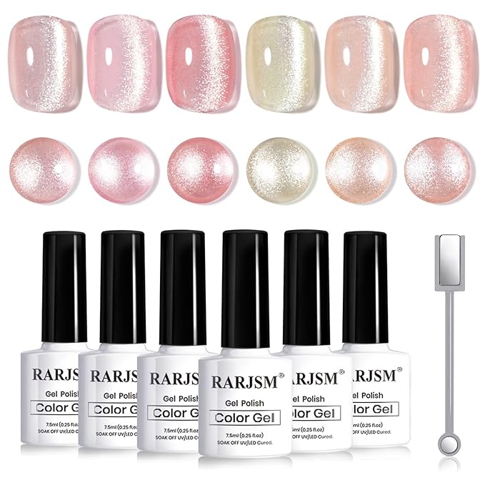 RARJSM Moonlight Silky Diamond Cat Eye Gel Nail Polish Set 6 Colors Nude Purple Pink Champagne Orange Red Sparkle Cateye Glitter Gelpolish with Magnet Stick Curing Requires Home Salon
