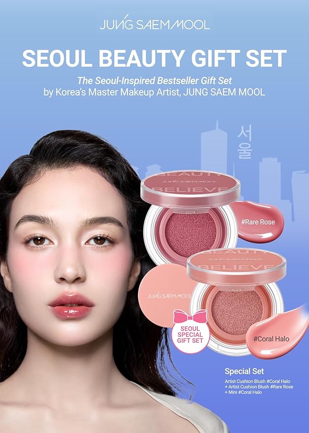 JUNG SAEM MOOL Artist Cushion Blush | Easy to Blend with Puff, Buildable Liquid Blush for Cheeks with a Natural & Dewy Finish, Korean Makeup (Dewy Gift Set | Coral Halo & Rare Rose)