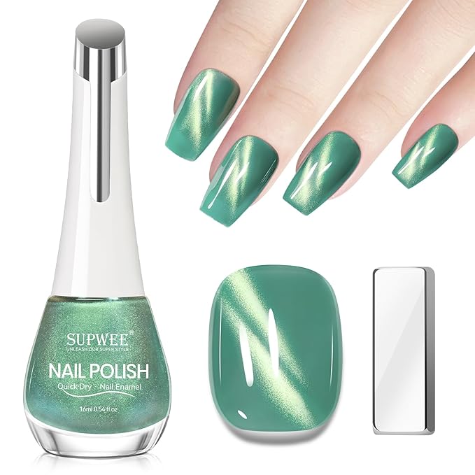Green Cateye Nail Polish Non Gel, Magnetic Nail Polish Lacquer Quick Dry Effect with Magnet Air Fast Dry Manicure DIY Salon 16ml/0.54 oz
