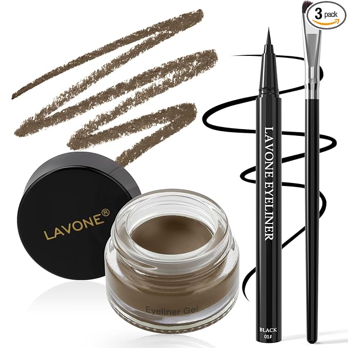LAVONE Eyeliner Set - Waterproof Makeup Kit with Liquid eyeliner Pencil, Gel Eyeliner & Angled Eye liner Brush, Waterproof, Smudge Resistant, Long Lasting Formula - Ash Brown