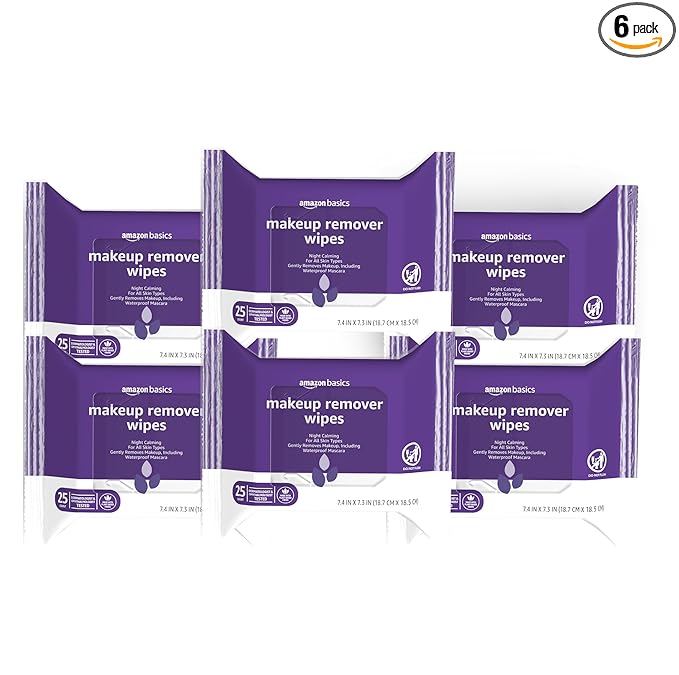 Amazon Basics Makeup Remover Wipes, Gentle Cleansing, Dermatologist Tested, Night Calming, Plant Based, Alcohol-Free, Removes Waterproof Mascara, pH Balanced, 25-Count, 6-Pack